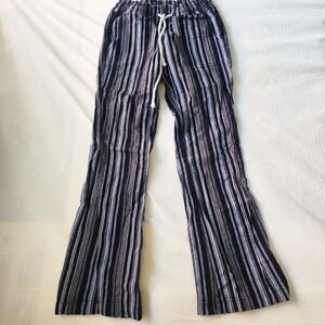 Roxy Striped Pants Women XS Blue Excellent Low Rise Linen Blend Beach Trousers